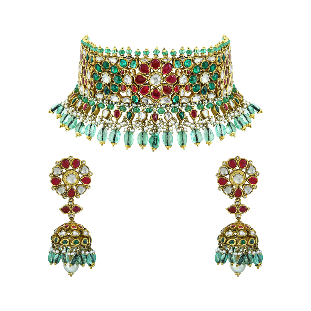 Green and Red Talaf Choker Set with Uncut Diamonds and Jhumkas